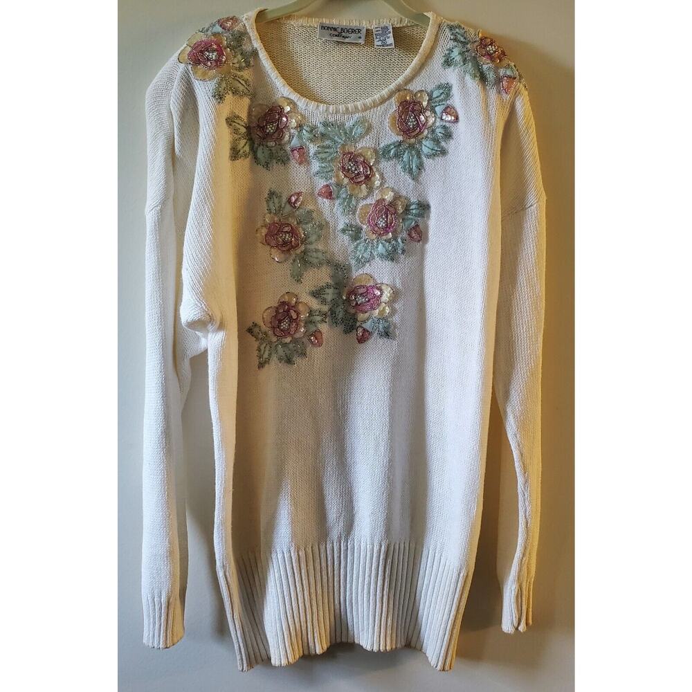 VTG 80s Bonnie Boerer S Tunic Sweater White Pastel Floral Applique Ramie Cotton